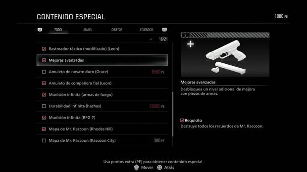Resident Evil Requiem - Mejorar armas, opci�n Mejoras avanzadas en el men� Contenido especial