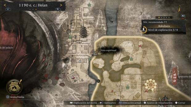 Nioh 3 - Vetas espirituales de Rokuhara, ubicaci�n de la veta de la zona noroeste, a la que se llega desde Awawa no Tsuji