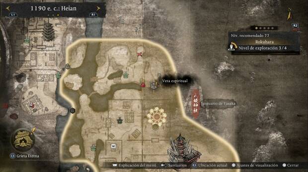 Nioh 3 - Vetas espirituales de Rokuhara, ubicaci�n de la veta de la zona nordeste que permite llegar a una esquirla del purgatorio