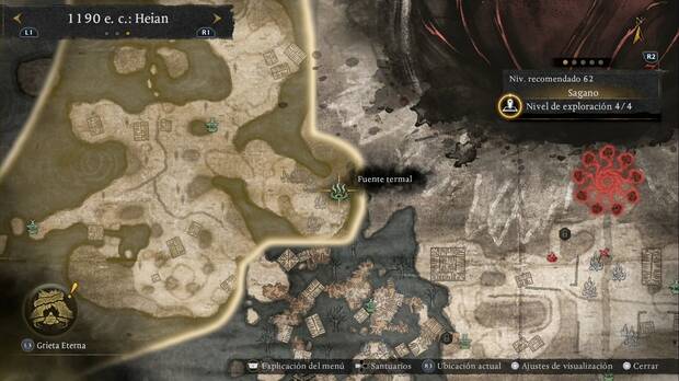 Nioh 3 - Fuentes termales de Sagano, ubicaci�n de la fuente termal de la esquina sudeste, debajo del Purgatorio menor de la regi�n