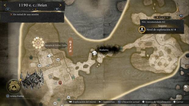 Nioh 3 - Santuario de plumas negras, ubicaci�n del kodama bajo una de las rocas del puente roto que lleva al santuario