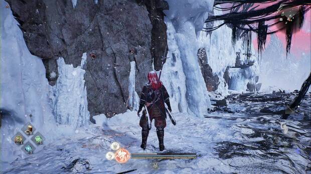 Nioh 3 - Santuario de plumas negras, ubicaci�n del nurikabe del santuario de Matsuo-Taisho, al final de la cornisa tras el puente roto donde aparece el segundo cuervo gigante