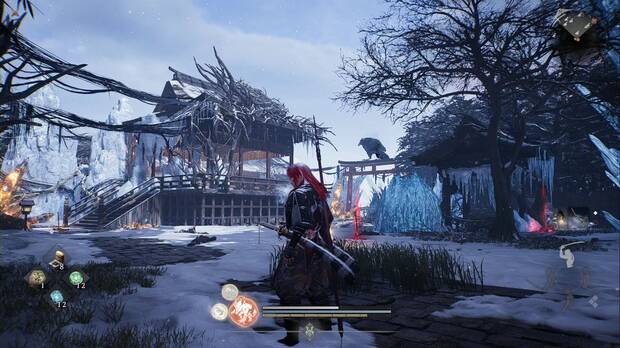 Nioh 3 - Santuario de plumas negras, tercer cuervo gigante en la zona del patio principal del santuario