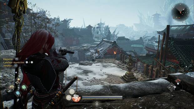 Nioh 3 - Santuario diab�lico  abandonado, soldado hereje en la esquina nordeste del patio del santuario, en un tejado