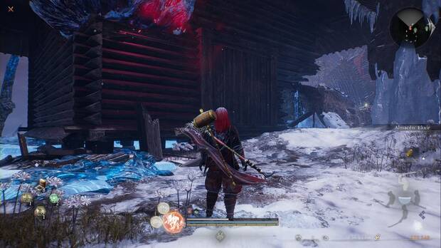 Nioh 3 - Ciudad helada, �rbol ardiente: edificio pasado el edificio en llamas, con una esquina rota por al que se puede entrar en la planta baja