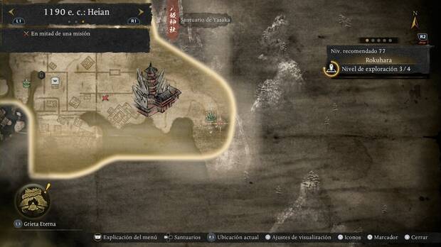 Nioh 3 - Pensamientos heredados, ubicaci�n del Pergamino oculto de Beneki (parte inferior) en la zona sudeste de Rokuhara