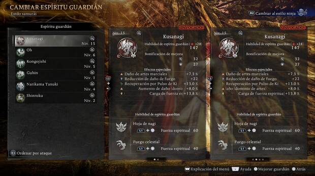 Nioh 3 - Esp�ritus guardianes, men� de esp�ritus guardianes con la ficha de Kusanagi y sus habilidades de esp�ritu guardi�n