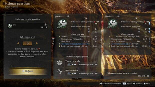 Nioh 3 - Esp�ritus guardianes, men� de mejora de esp�ritus guardianes con un ejemplo de mejora del esp�ritu guardi�n Oh