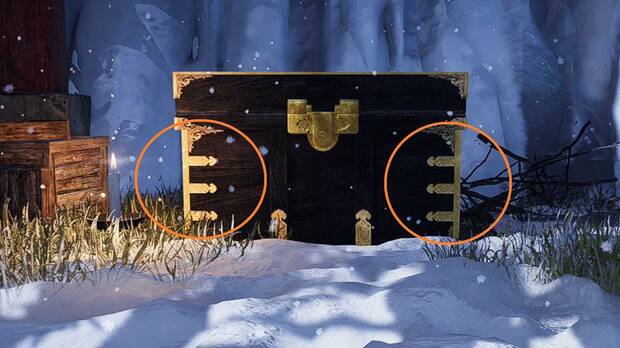 Nioh 3 - Cofres: cofre con tres adornos en cada esquina que se�ala que contiene un Mujina