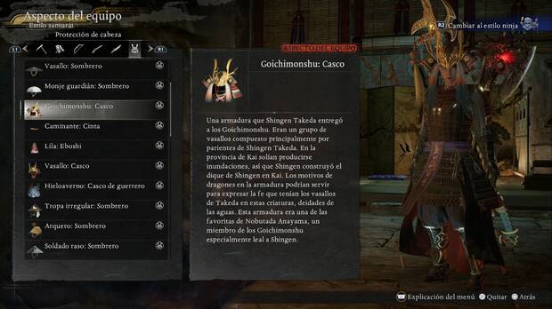 Nioh 3 - C�mo cambiar el aspecto del equipo, men� de edici�n de estilo del equipo