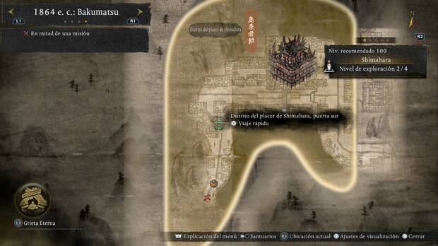 Nioh 3 - Una nueva era, ubicaci�n del santuario Distrito del placer de Shimabara, puerta sur al que llegas en tu primera visita a Kioto