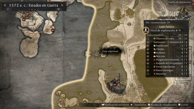 Nioh 3 - Vetas espirituales del Lago Sanaru, ubicaci�n de la veta de correr sobre el agua del extremo oeste que lleva al maestro de la regi�n