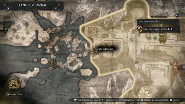 Nioh 3 - Vetas espirituales de Hachijo, ubicaci�n de la veta de correr sobre el agua de la zona m�s al oeste, pegada a Nishiichi