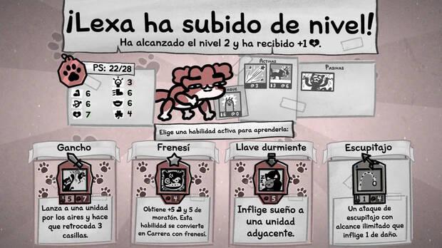 Los gatos van subiendo de nivel durante la 'run' y desbloqueas nuevas habilidades (activas y pasivas) que van dándole profundidad a su gameplay.