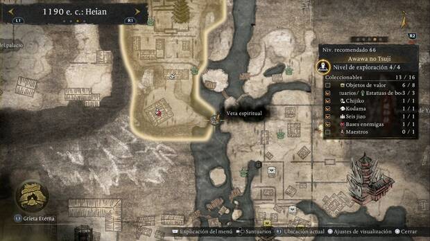 Nioh 3 - Vetas espirituales, ubicaci�n de la veta de correr sobre el agua en la zona oeste-noroeste de Rokuhara que lleva hasta Awawa no Tsuji