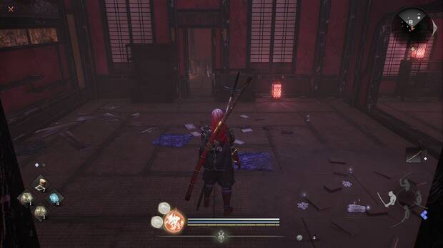 Nioh 3 - El dulce sonido de las cuerdas, ubicaci�n del panel en la pared en la primera planta del edificio del norte de Shimabara, que se puede cortar para alcanzar un cofre oculto