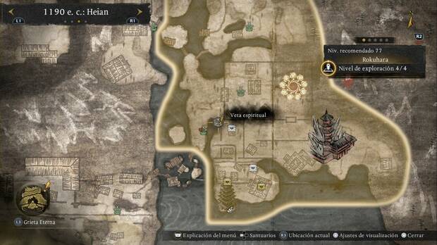 Nioh 3 - Vetas espirituales de Rokuhara, ubicación de la veta de Balanceo junto al Puente de Gojo