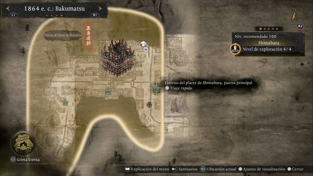 Nioh 3 - Santuarios de Shimabara, ubicaci�n del Distrito del placer de Shimabara, puerta principal en el borde este de la regi�n