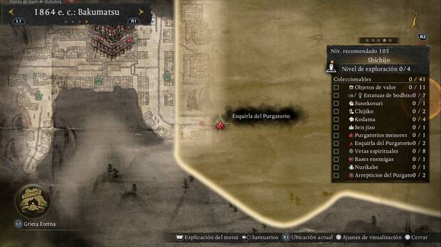 Nioh 3 - Esquirlas del Purgatorio en Shichijo, ubicaci�n de la esquirla del Purgatorio de la esquina suroeste de la regi�n