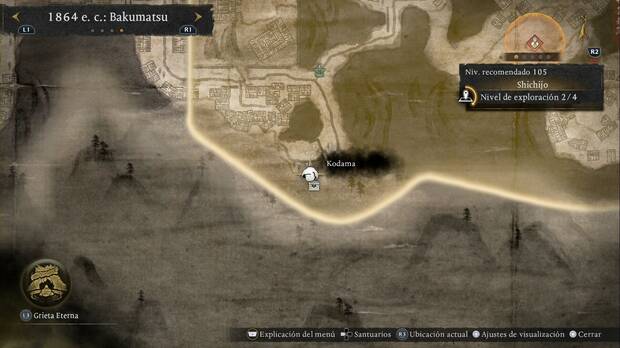 Nioh 3 - Kodama de Chichijo, ubicación del Kodama de la base enemiga de la esquina suroeste