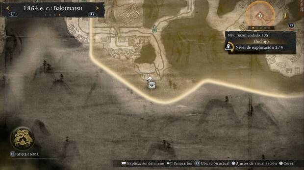 Nioh 3 - Cofres de Shichijo, ubicación del cofre de recompensa en la base enemiga de la esquina suroeste