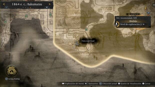 Nioh 3 - Vetas espirituales de Shichijo, ubicaci�n de la veta espiritual de la esquina suroeste, pasada la base enemiga de la zona