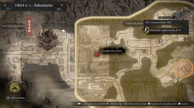 Nioh 3 - Purgatorios menores en Shichijo, ubicación del Purgatorio menor de la esquina noroeste, pasado el campamento de los enemigos