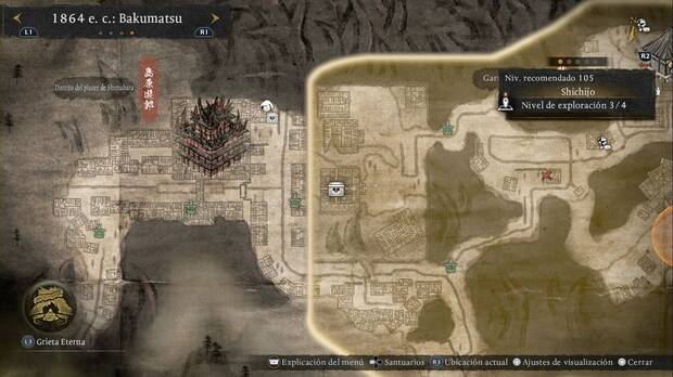 Nioh 3 - Cofres en Shichijo, ubicación del cofre del templo pasado el Purgatorio menor de la esquina noroeste de la región