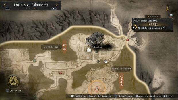 Nioh 3 - Seis jizo de Shichijo, ubicación de las estatuas en el patio central de la zona nordeste de la región