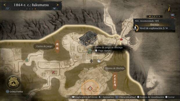 Nioh 3 - Santuarios de Shichijo, ubicaci�n del Garito de juego de Shichijo en la esquina nordeste de la regi�n