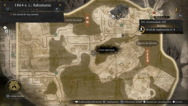 Nioh 3 - Vetas espirituales de Shichijo, ubicaci�n de la veta espiritual que permite ir al sudeste desde el cruce central