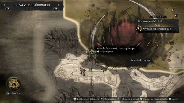 Nioh 3 - Santuarios en Sanjo, ubicaci�n del Templo de Honnoji, puerta principal en la esquina suroeste de la regi�n