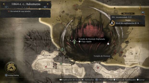 Nioh 3 - Templo maldito, ubicaci�n de la estatua del Templo de Honnoji: Explanada en la zona suroeste del Purgatorio de Sanjo