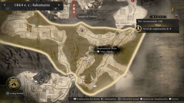 Nioh 3 - Santuarios en Shijo, ubicaci�n de la Depresi�n de Shijo en la zona del Reino Oscuro de la regi�n