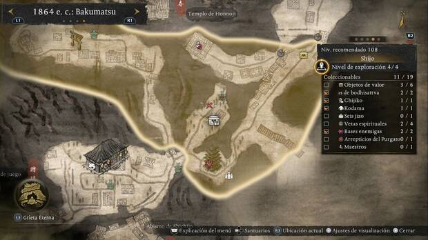 Nioh 3 - Cofres en Shijo, ubicación del cofre de la zona central, donde se encuentra el Reino Oscuro