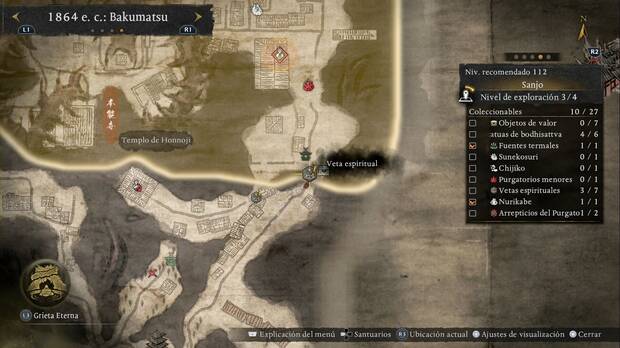 Nioh 3 - Vetas espirituales de Shijo, ubicaci�n de la veta espiritual que permite pasar a Sanjo