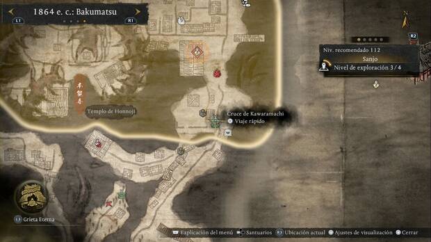 Nioh 3 - Santuarios de Sanjo, ubicaci�n del Cruce de Kawaramachi en la zona sudeste de la regi�n