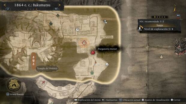 Nioh 3 - Purgatorios menores de Sanjo, ubicación del Purgatorio menor del sudeste al que se accede desde el sur de la región