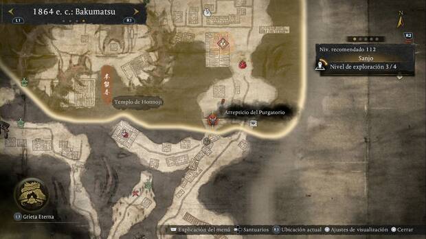 Nioh 3 - Arrepticios del Purgatorio en Sanjo, ubicación del arrepticio de la esquina sudeste de la región