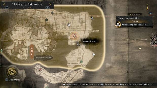 Nioh 3 - Vetas espirituales de Sanjo, ubicaci�n de la veta del Purgatorio menor que permite pasar al edificio al norte