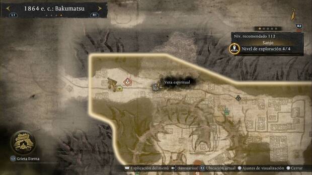 Nioh 3 - Vetas espirituales de Sanjo, ubicaci�n de la veta de balanceo que permite salir por la esquina noroeste de la regi�n