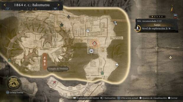 Nioh 3 - Cofres de Sanjo, ubicación del cofre de la esquina sudeste de la región, en el edificio al que llegas desde la veta del Purgatorio menor