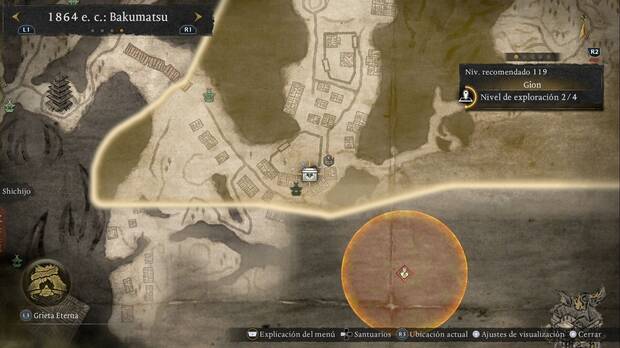 Nioh 3 - Cofres en Gion, ubicación del cofre en la esquina sudeste del Reino Oscuro que sirve como base enemiga de la zona suroeste de la región