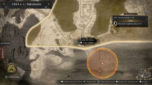 Nioh 3 - Santuarios de Gion, ubicaci�n de la Escala de Otowa en la zona suroeste, en el l�mite de la regi�n con Kiyomizu