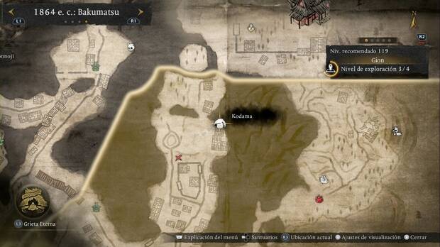 Nioh 3 - Kodama de Gion, ubicación del kodama del pozo en la zona nordeste de la sección central de Gion