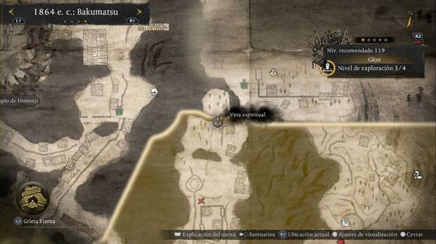 Nioh 3 - Vetas espirituales de Gion, ubicaci�n de la veta de balanceo en la esquina noroeste de la regi�n