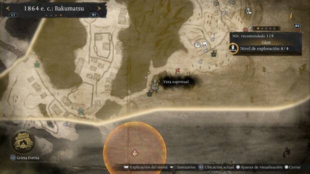 Nioh 3 - Vetas espirituales de Gion, ubicaci�n de la veta de vuelo de la zona sudeste que lleva al santuario Precipicio de Kiyomizu