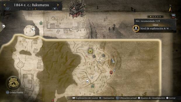 Nioh 3 - Cofres en Gion, ubicación del cofre de la esquina nordeste, el objeto de valor que se obtiene al eliminar al Kamaitachi