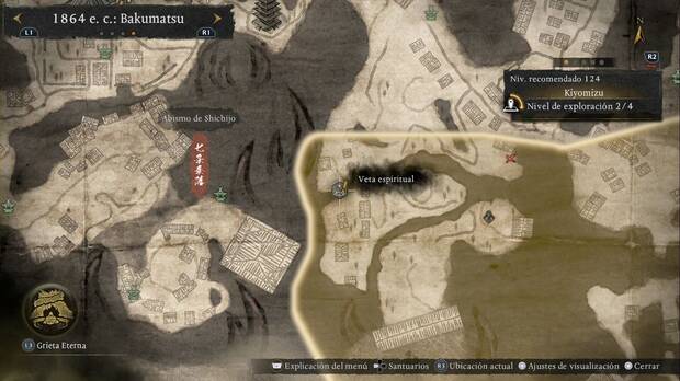 Nioh 3 - Vetas espirituales de Kiyomizu, ubicaci�n de la veta de Balanceo que permite pasar de la zona noroeste a la central