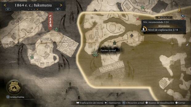 Nioh 3 - Fuentes termales de Kiyomizu, ubicación de la fuente termal de la zona oeste-suroeste de la región